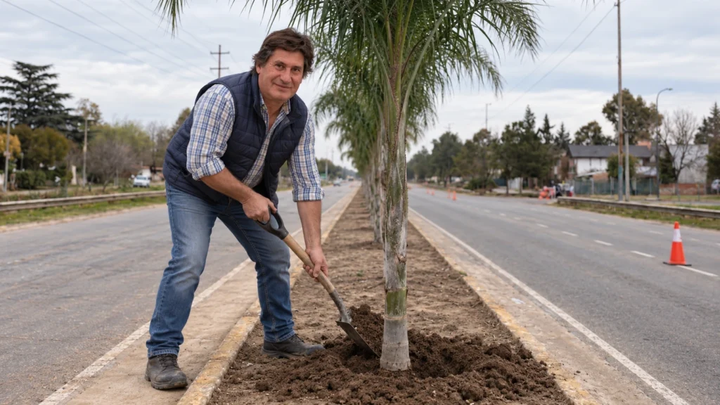 Roly Santacroce desafía a Vialidad Nacional y planta más palmeras en la Ruta 9 pese a la intimación recibida