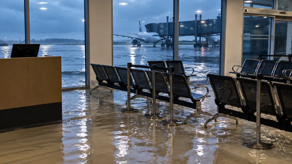 El Aeropuerto de Rosario recién inaugurado, también hizo agua: pasillos anegados y empleados con secadores